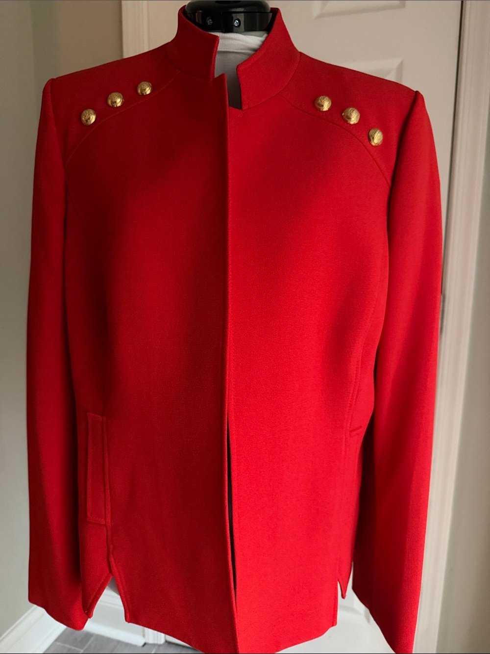 Red Military-Style Stand Collar Women's Blazer